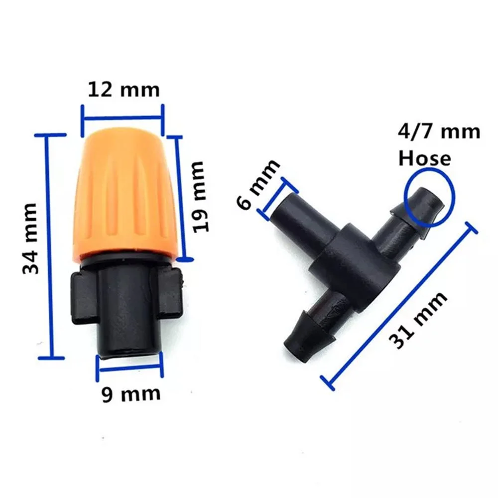 Garden 1/4 Inch Orange Drip Irrigation Nozzles with Tee Connector Agriculture Misting Cooling for 4/7 mm Hose